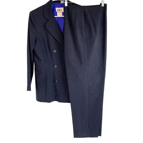80s DBY ltd Womens VTG Navy Pin Stripe Pant Suit Sz 13/14 Double Breast 6275 - Picture 6 of 8